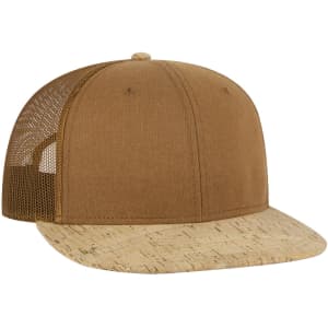 A brown trucker cap with a cork peak and a mesh back, featuring a logo on the front.