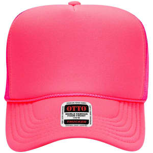 A pink 5 Panel High Crown Trucker Cap with a foam front and mesh back, featuring a logo on the front.