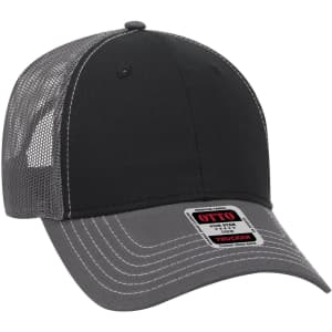 A low profile trucker cap in black and grey with a mesh back and a logo on the front.