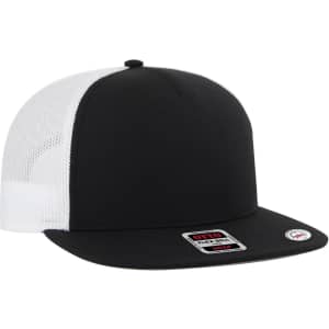 A black and white 5 panel pro style trucker cap with a mesh back and a logo on the front.