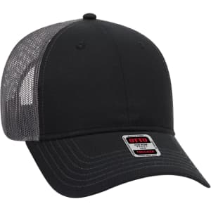A black low profile trucker cap with a grey mesh back and an attached brand logo.