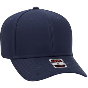 A navy blue 6 panel mid profile baseball cap with a logo on the front.