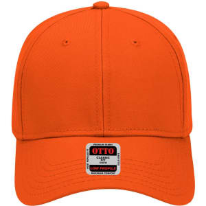 An orange 6-panel low profile baseball cap with a logo on the front.