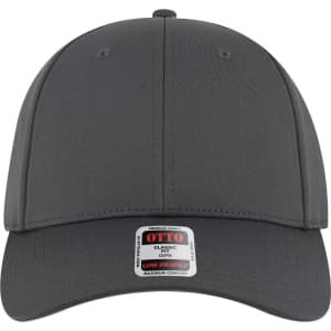 A grey 6 panel low profile baseball cap featuring a logo and a label on the front.