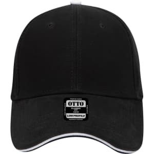 A black 6 panel low profile baseball cap with a logo on the front. Features a white trim around the brim.