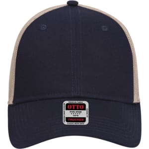 A navy and beige 6 panel low profile trucker cap with a logo on the front.