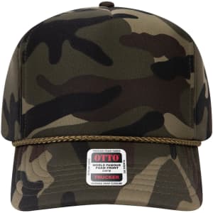 A camouflage 5-panel high crown full foam cap with a rope detail and a branded tag on the front.