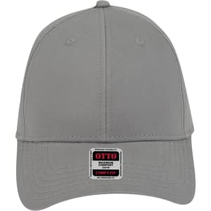 A grey low profile baseball cap with a six-panel design and a logo tag on the front.