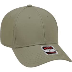 A beige 6 panel low profile baseball cap with a logo on the front and a structured design.