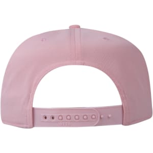 A 5 Panel Mid Profile Baseball Cap in pink with an adjustable strap at the back. Features a logo on the side.
