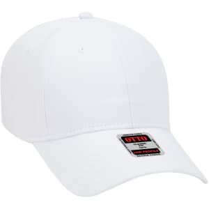 A white six-panel low-profile baseball cap with a logo on the front and a curved brim.