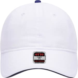 A white low profile baseball cap with a dark underbrim and a logo on the front.