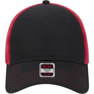 A black and red 6-panel low profile trucker cap with a mesh back and a logo.