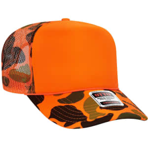 A high crown trucker cap featuring an orange front panel and mesh sides with a camouflage pattern in various hues.