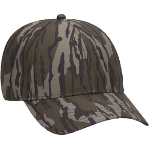 A camo patterned low profile baseball cap in shades of green and black, featuring a logo.