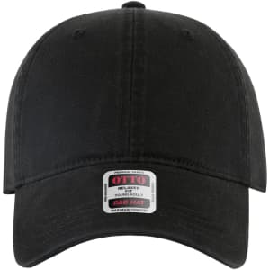 A black 6-panel low profile dad cap for youth with a logo and a label on the front.