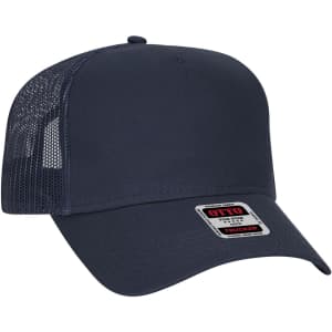 A navy blue 5 panel low profile trucker cap with a mesh back and a logo on the front.