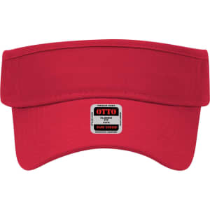 A red sun visor featuring a wide brim and a label, designed for sun protection.
