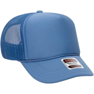 A blue 5 Panel High Crown Trucker Cap with mesh side panels and a logo. Ideal for youth headwear.
