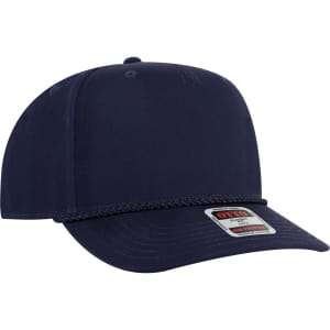 A navy blue 5 Panel Mid Profile Baseball Cap featuring a structured design and a logo on the front.