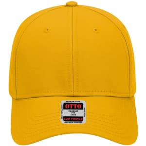 A yellow 6-panel low profile baseball cap with a logo tag at the front.