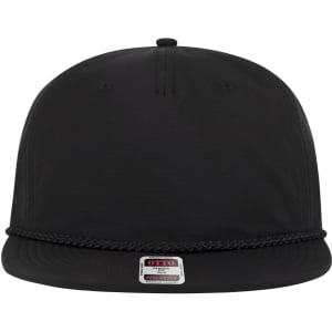 A black 5 Panel Pro Style Snapback Cap features a braided band and has a logo on the front.