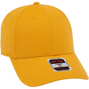 A yellow 6-panel low profile baseball cap with a logo and a structured crown.