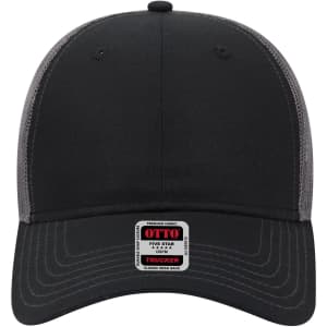 A black 6-panel low profile trucker cap with grey mesh sides and a logo patch at the front.