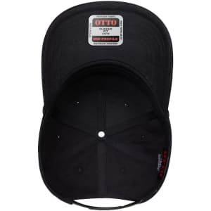 An inside view of a black 5 panel mid profile baseball cap featuring a label and ventilation holes.