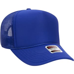 A blue 5 Panel Mid Profile Trucker Cap with a mesh back and a logo on the front.