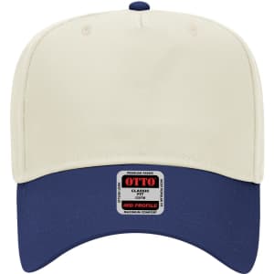 A 5 panel mid crown baseball cap in cream and navy blue, featuring a logo on the front.