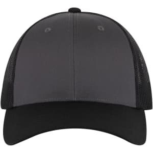 A black 6-panel low profile trucker cap with mesh side panels and a curved brim. Features a logo on the front.