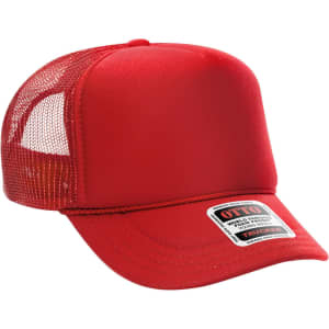 A red 5 panel high crown trucker cap featuring a mesh back and a logo patch.