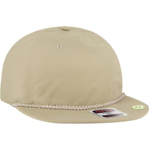 A beige 5 panel pro style baseball cap featuring a chain detail and a logo on the front.