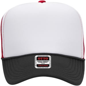 A 5 panel high crown trucker cap featuring a white front, red accents, and a black brim, with a logo on the side.