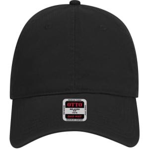 A black low profile dad cap with a curved brim and an embroidered logo on the front.