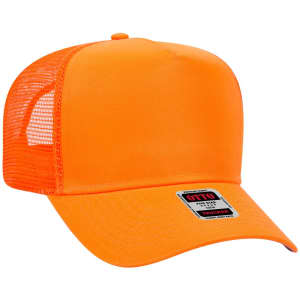An orange 5 Panel Mid Profile Trucker Cap with a mesh back and a branding label.