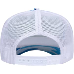 A 5 Panel High Crown Trucker Cap in white with a mesh back and an adjustable strap.