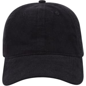 A black 6 panel low profile baseball dad cap with a curved brim and visible stitching. Features a logo on the front.