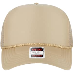 A high crown, beige air mesh back trucker hat featuring a braided band and a logo on the front.