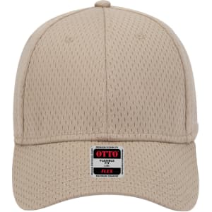 A beige 6 panel low profile baseball cap with a textured design and a logo label on the front.