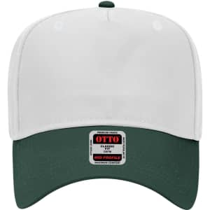 A white 5 panel mid crown baseball cap with a green brim, featuring a logo on the front.