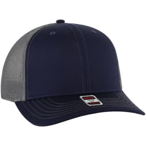 A navy blue 6 Panel Mid Profile Trucker Cap with a mesh back and a logo on the front.