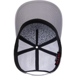 A 5-panel mid-profile baseball cap featuring a grey peak and black fabric, with a logo visible inside.