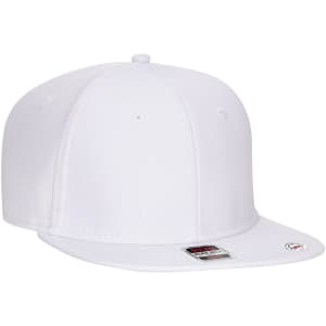 A white snapback cap with a flat visor and an adjustable strap at the back, featuring a logo.