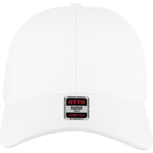 A white low-profile six-panel baseball cap featuring a logo on the front.