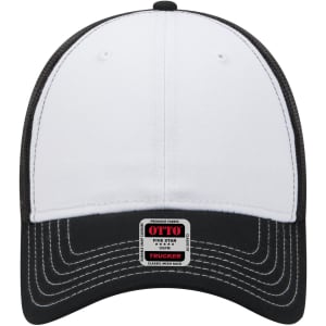 A low profile trucker cap featuring a white front and a black mesh back, with a label on the brim.