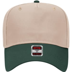 A beige 5 panel mid crown baseball cap with a dark green peak and a logo patch on the front.
