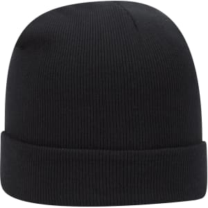 A classic knit beanie in black, featuring a ribbed design and a folded cuff. It has a small logo on the side.