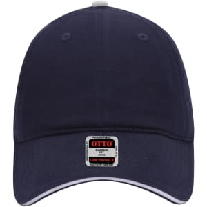 A low profile navy baseball cap with a branded label on the front and contrasting stitching on the visor.